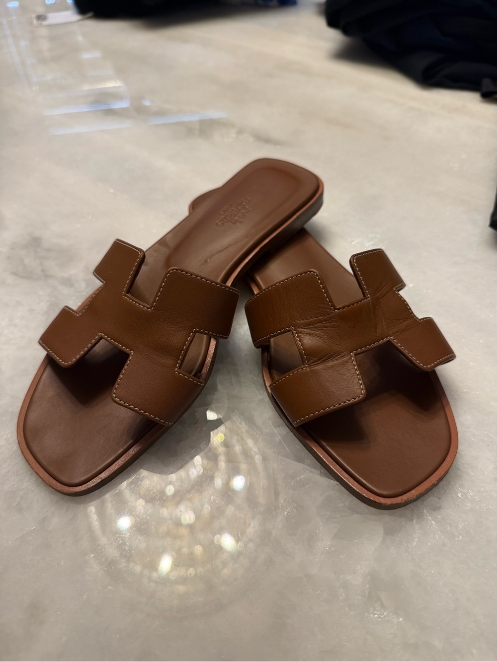 Hermes Brown Leather H-Detail Slide Sandals